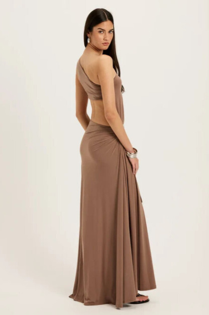 Acacia One Shoulder Cutout Split Maxi Dress In Brown