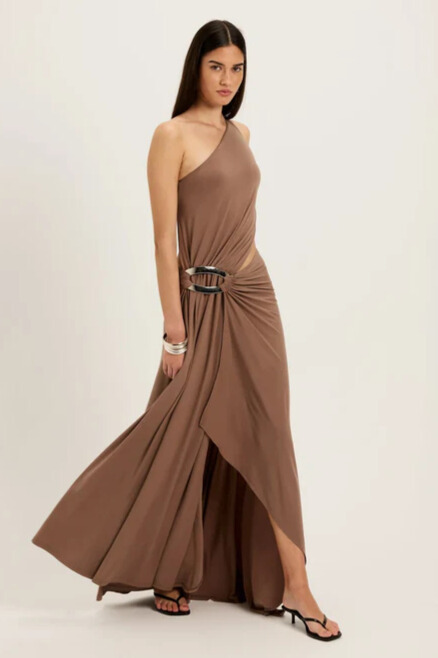 Acacia One Shoulder Cutout Split Maxi Dress In Brown
