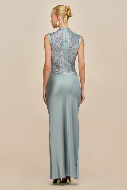 Elijah Sleeveless Fringe Glitter Skirt Set In Baby Blue