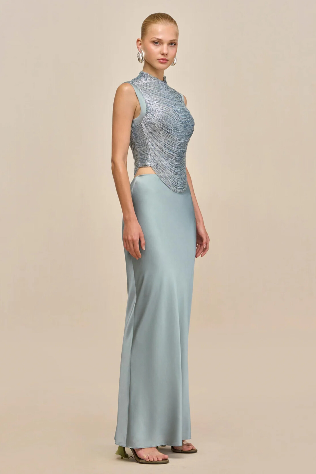 Elijah Sleeveless Fringe Glitter Skirt Set In Baby Blue