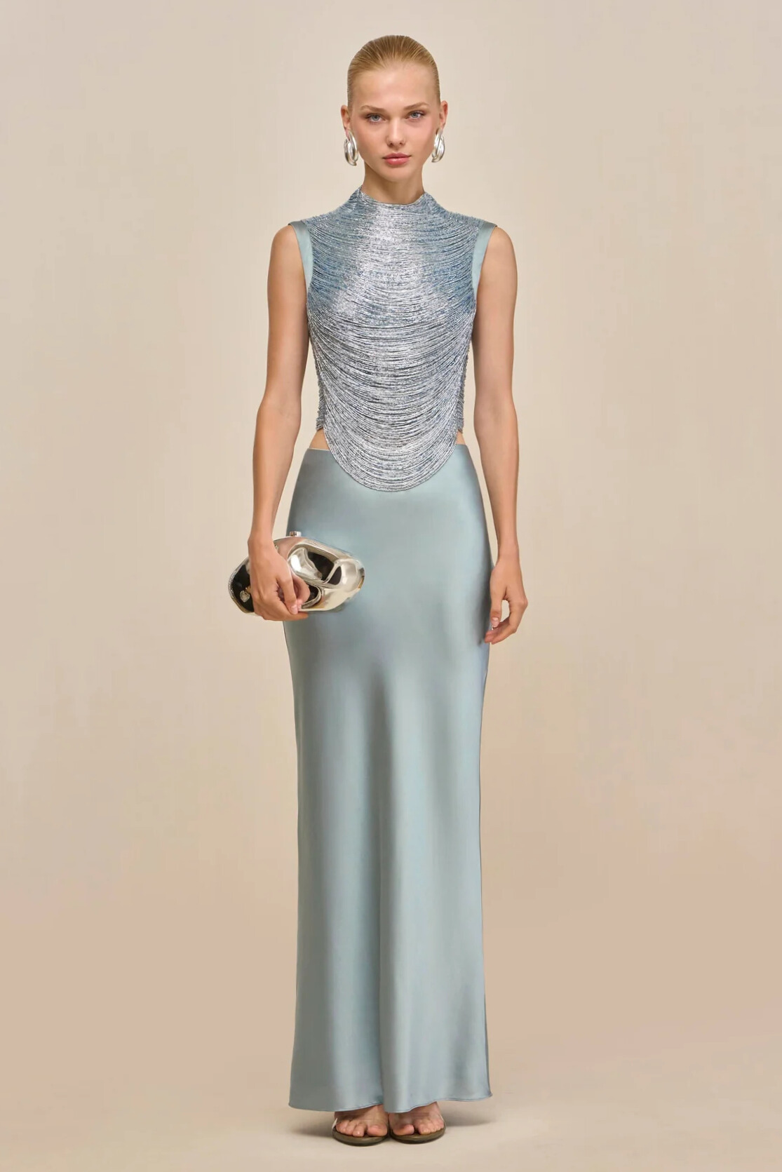 Elijah Sleeveless Fringe Glitter Skirt Set In Baby Blue