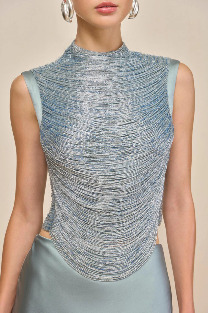 Elijah Sleeveless Fringe Glitter Skirt Set In Baby Blue