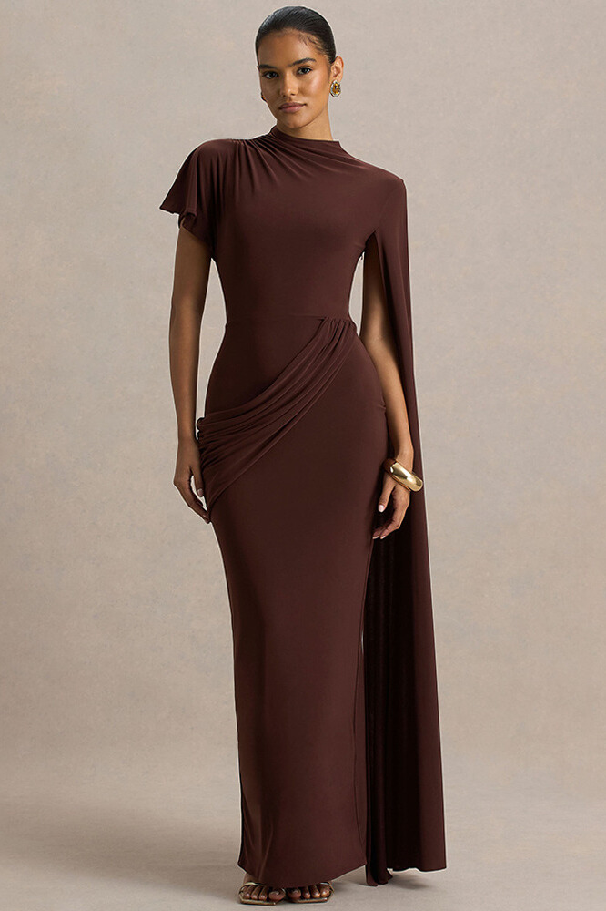 Hannal Asymmetric Cape Sleeve Maxi Dress In Brown
