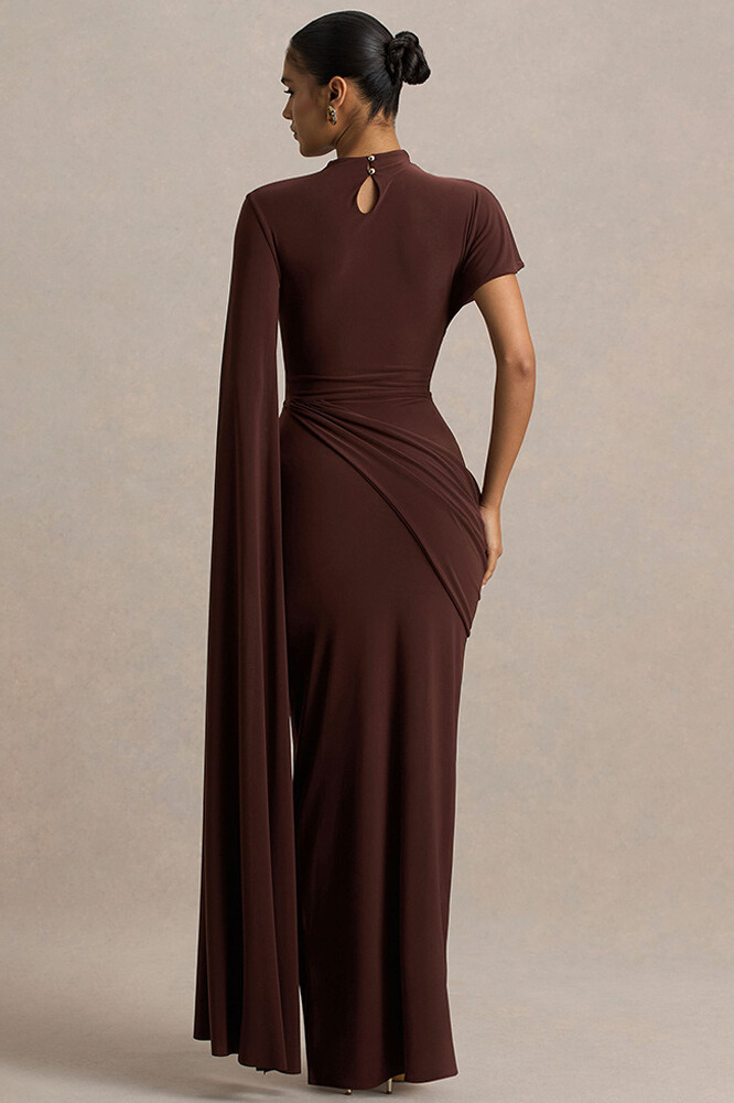 Hannal Asymmetric Cape Sleeve Maxi Dress In Brown