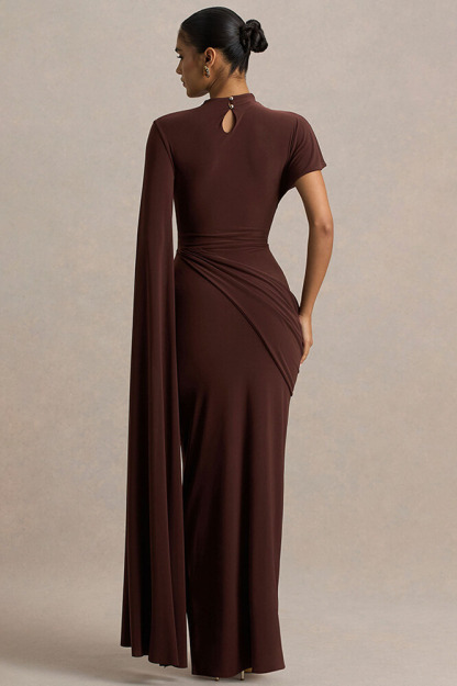 Hannal Asymmetric Cape Sleeve Maxi Dress In Brown