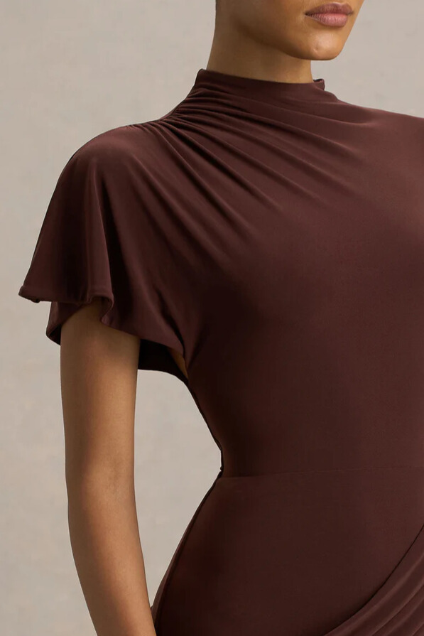 Hannal Asymmetric Cape Sleeve Maxi Dress In Brown