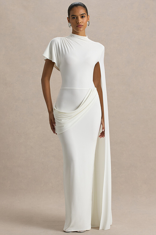 Hannal Asymmetric Cape Sleeve Maxi Dress In White