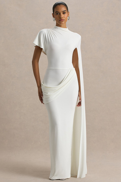 Hannal Asymmetric Cape Sleeve Maxi Dress In White