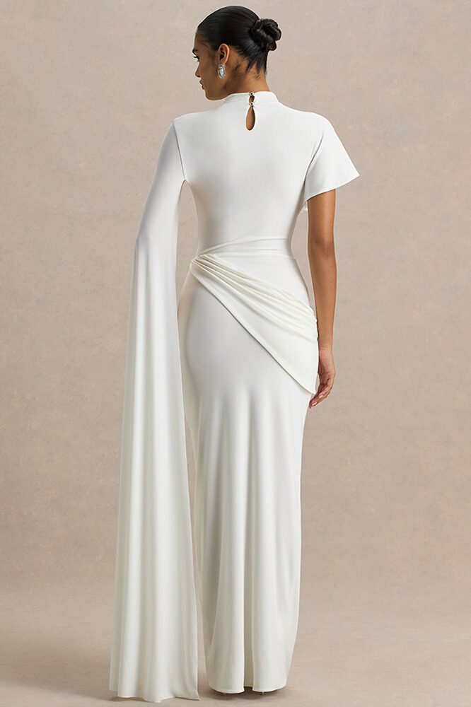 Hannal Asymmetric Cape Sleeve Maxi Dress In White