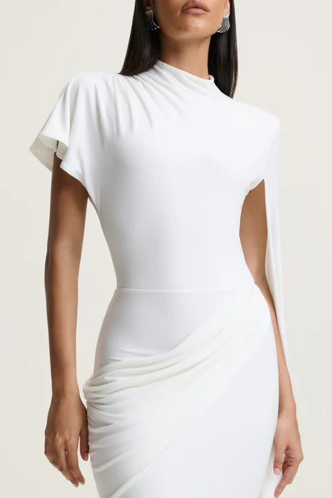 Hannal Asymmetric Cape Sleeve Maxi Dress In White