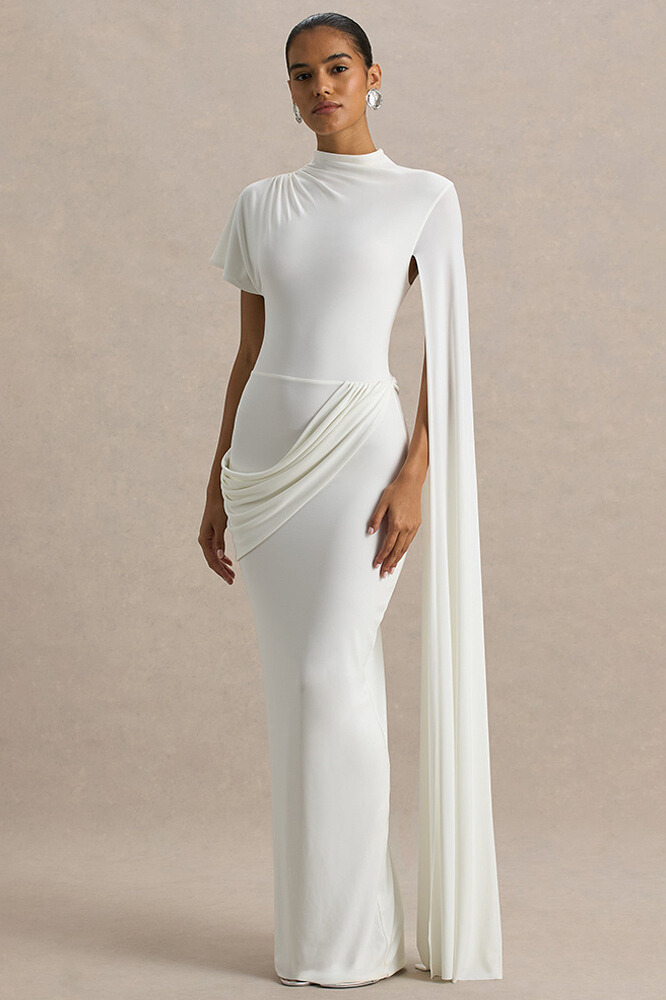 Hannal Asymmetric Cape Sleeve Maxi Dress In White