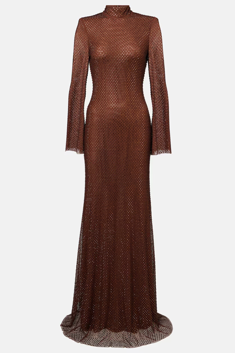 Dipali High Neck Rhinestone Maxi Dress In Wine