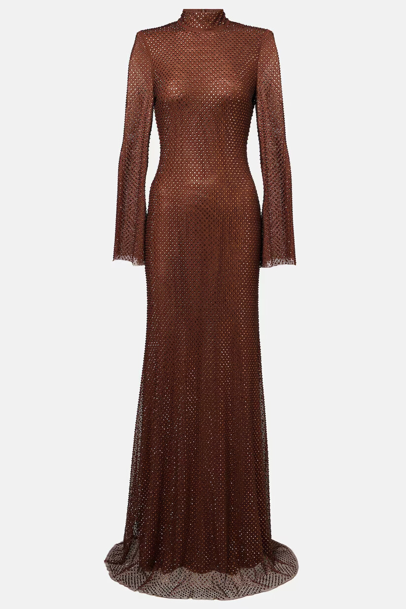 Dipali High Neck Rhinestone Maxi Dress In Wine