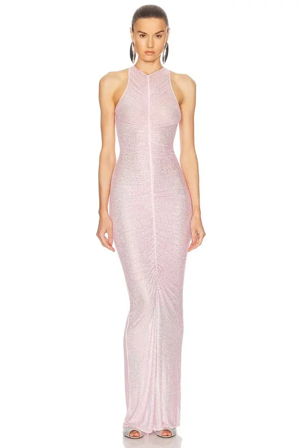 Anemone Sleeveless Rhinestone Ruched Maxi Dress In Pink