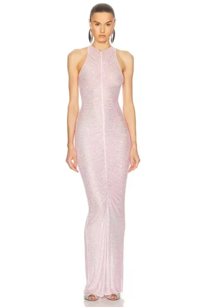 Anemone Sleeveless Rhinestone Ruched Maxi Dress In Pink