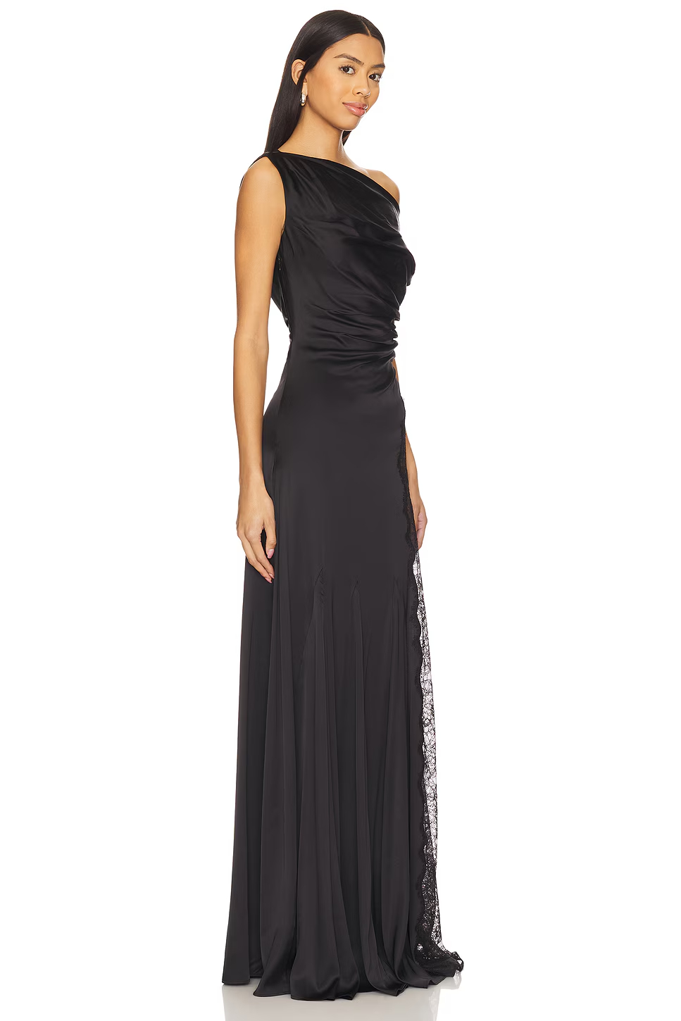 Sierra Asymmetric Shoulder Floral Lace Maxi Dress In Black