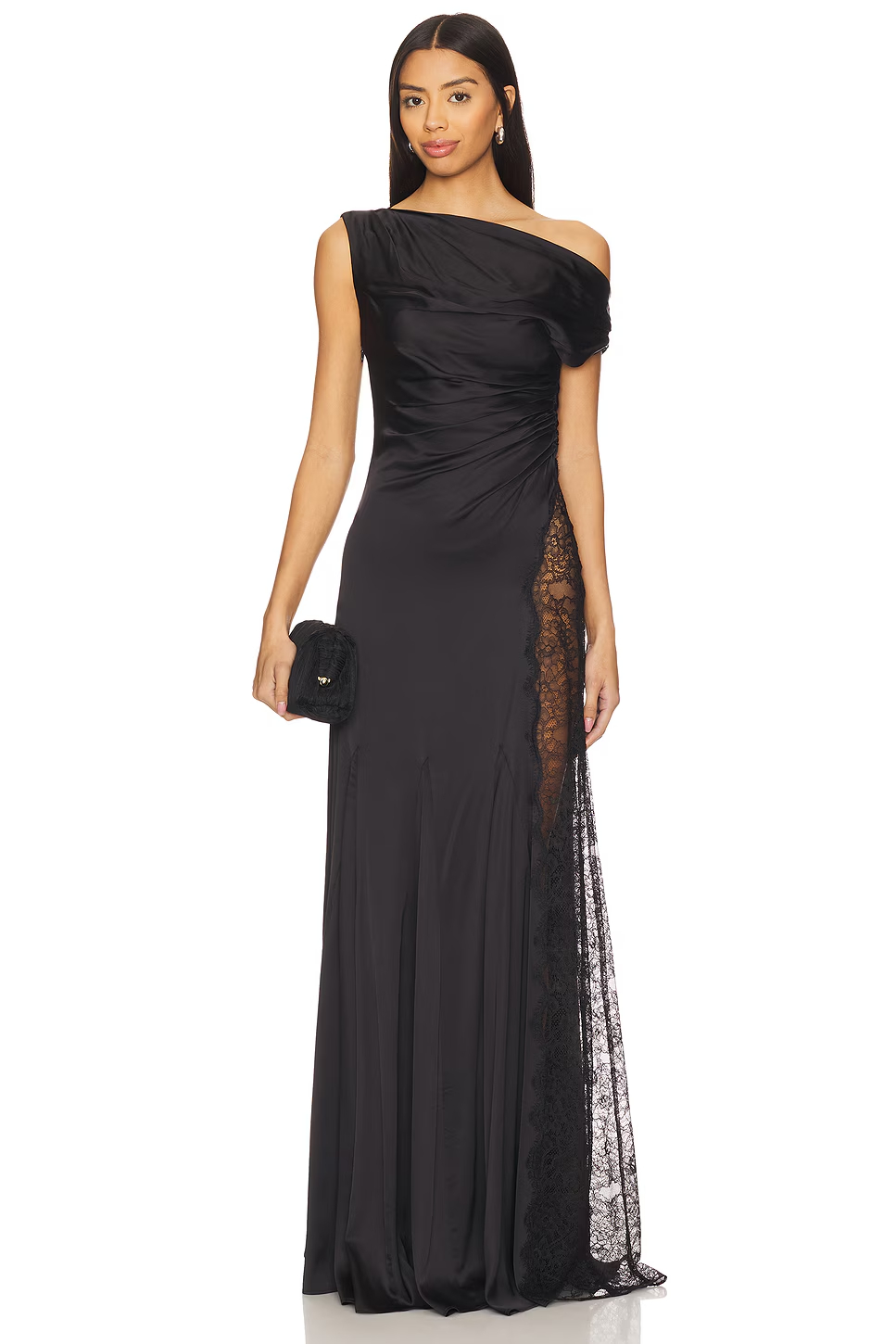 Sierra Asymmetric Shoulder Floral Lace Maxi Dress In Black