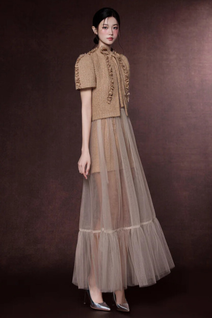 Laurel Short Sleeve Top Mesh Maxi Dress Set In Brown