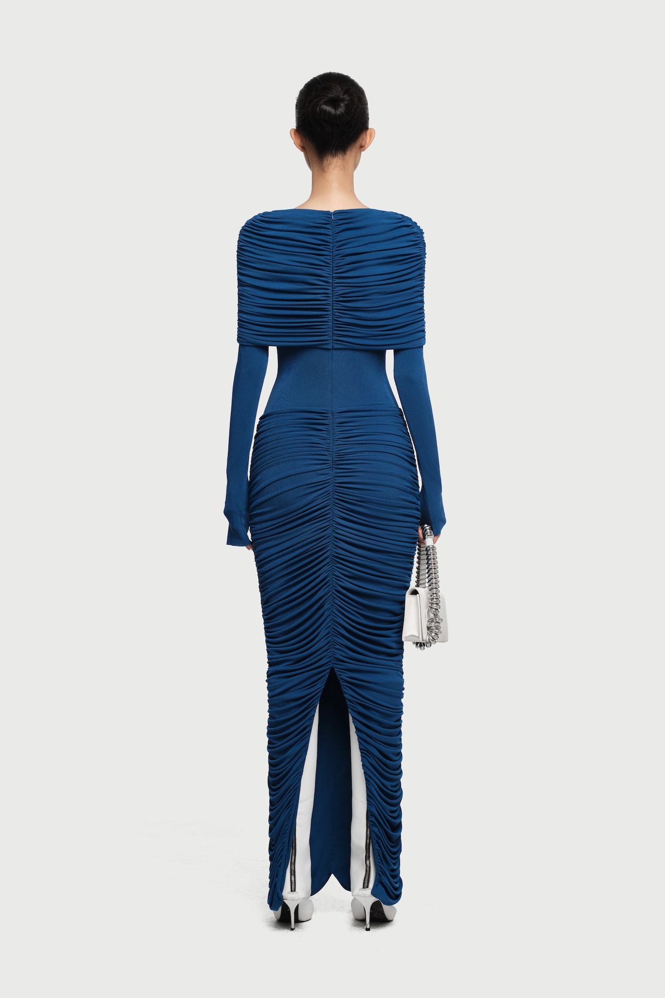 Nadia Long Sleeve Gathering Ruched Maxi Dress In Blue
