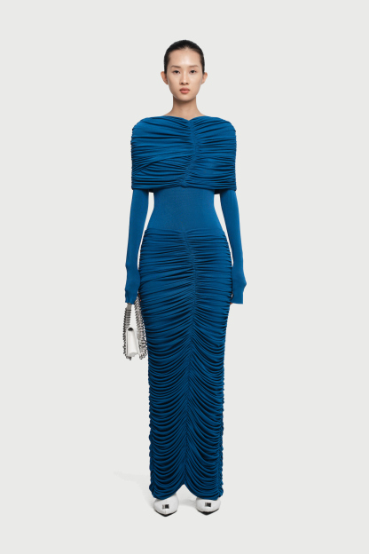 Nadia Long Sleeve Gathering Ruched Maxi Dress In Blue