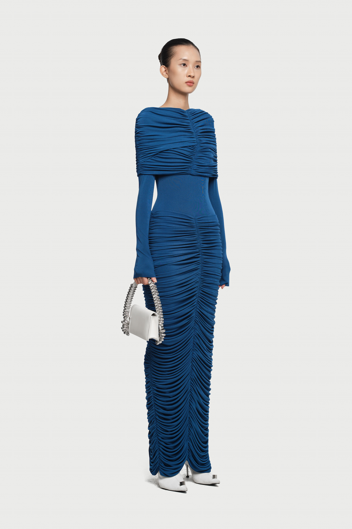 Nadia Long Sleeve Gathering Ruched Maxi Dress In Blue
