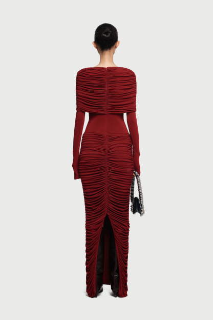Nadia Long Sleeve Gathering Ruched Maxi Dress In Red