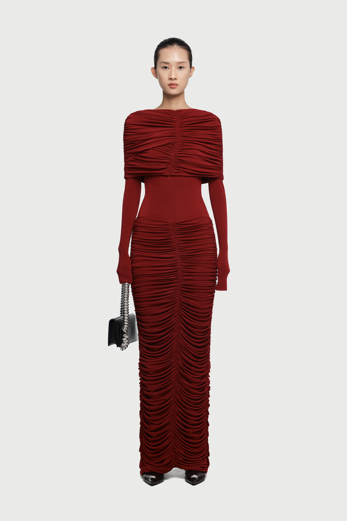 Nadia Long Sleeve Gathering Ruched Maxi Dress In Red