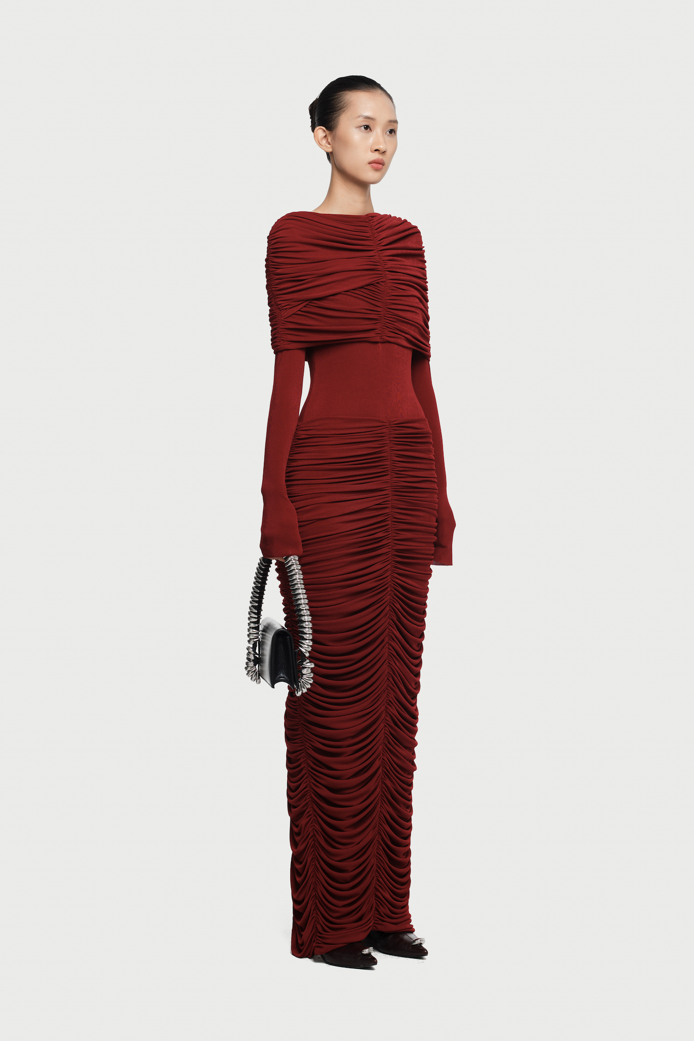 Nadia Long Sleeve Gathering Ruched Maxi Dress In Red