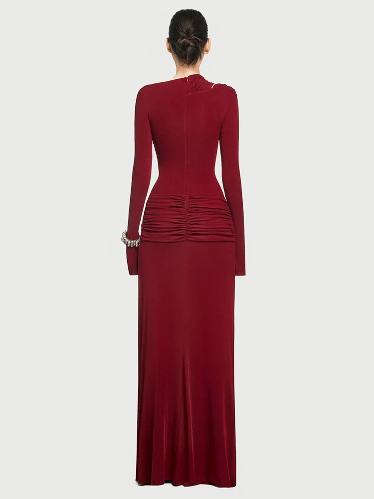 Tia Asymmetric Long Sleeve Ruched Maxi Dress In Red