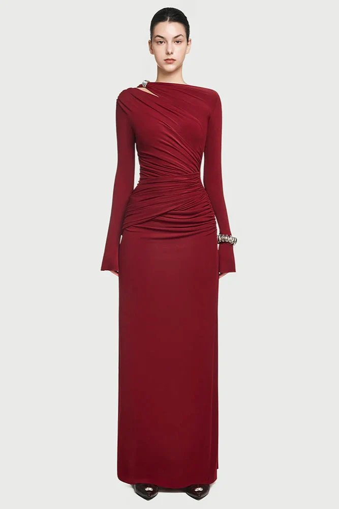 Tia Asymmetric Long Sleeve Ruched Maxi Dress In Red