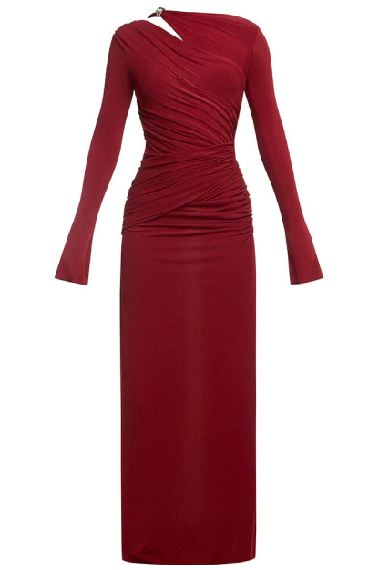 Tia Asymmetric Long Sleeve Ruched Maxi Dress In Red