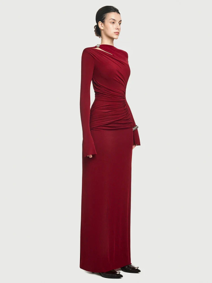 Tia Asymmetric Long Sleeve Ruched Maxi Dress In Red