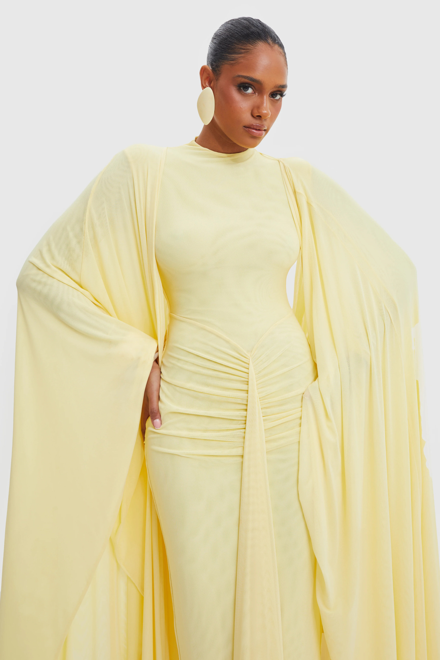 Sira Cape Sleeve Draped Maxi Dress In Butter Yellow
