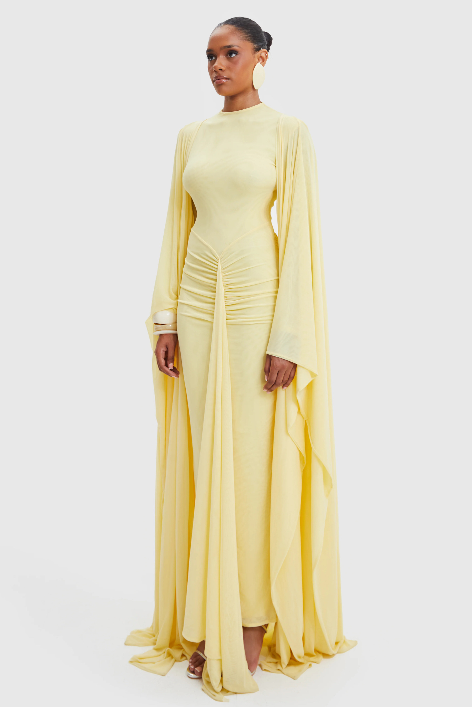Sira Cape Sleeve Draped Maxi Dress In Butter Yellow