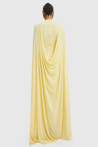 Sira Cape Sleeve Draped Maxi Dress In Butter Yellow