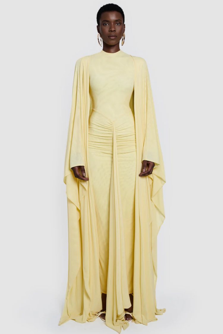 Sira Cape Sleeve Draped Maxi Dress In Butter Yellow
