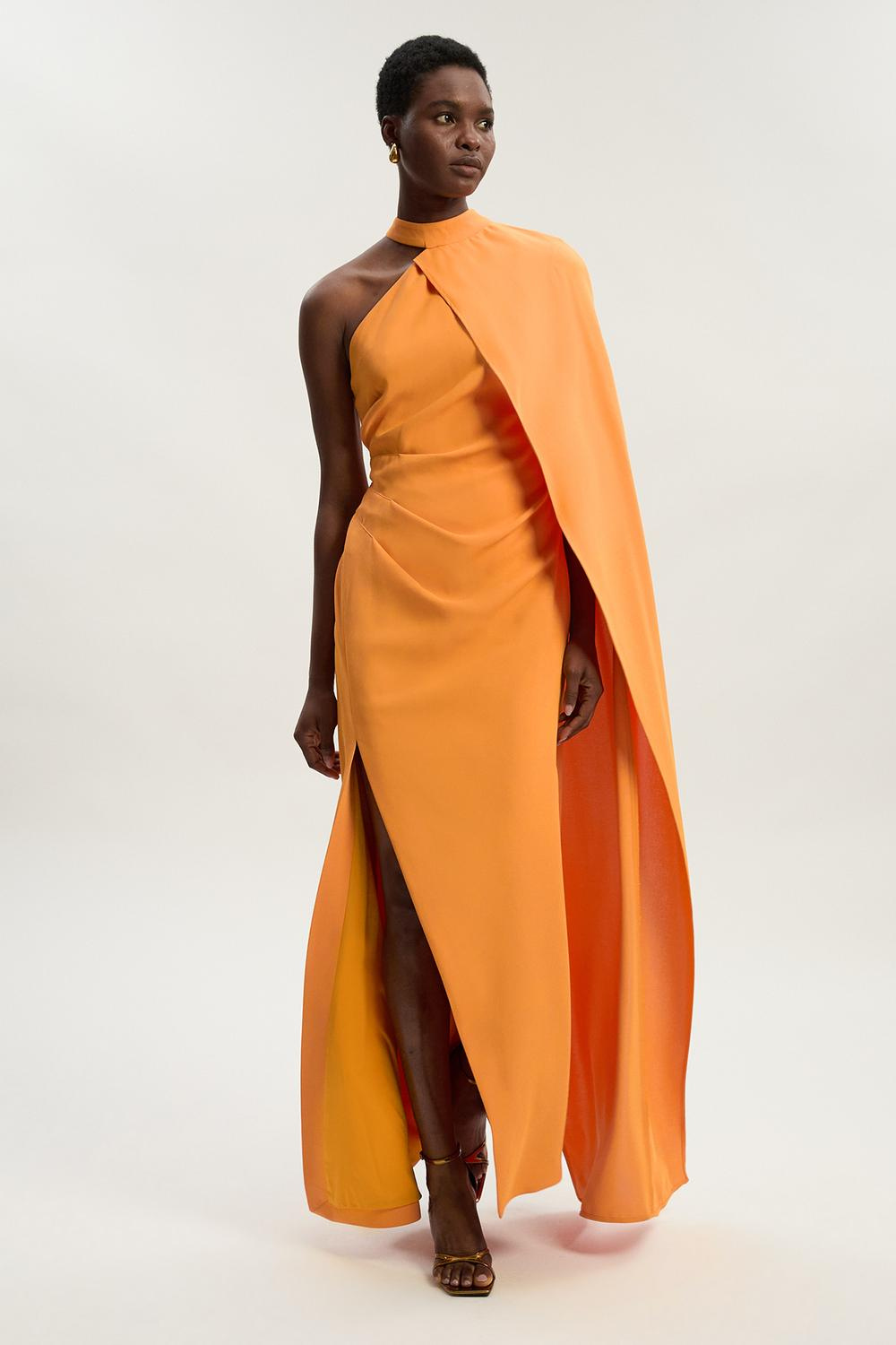 Serine One Shoulder Cape Sleeve Split Maxi Dress In Orange