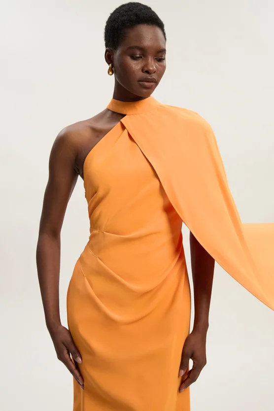 Serine One Shoulder Cape Sleeve Split Maxi Dress In Orange