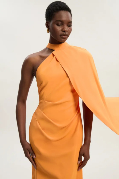 Serine One Shoulder Cape Sleeve Split Maxi Dress In Orange