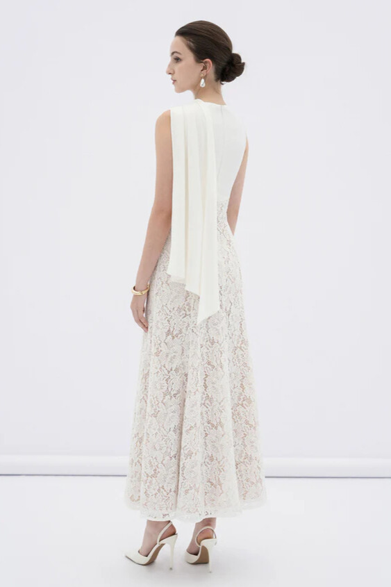 Ularen Sleeveless Flared Lace Maxi Dress In White