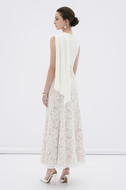 Ularen Sleeveless Flared Lace Maxi Dress In White