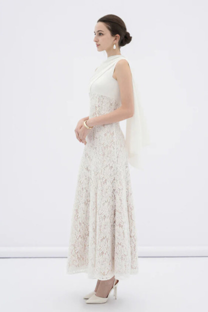 Ularen Sleeveless Flared Lace Maxi Dress In White