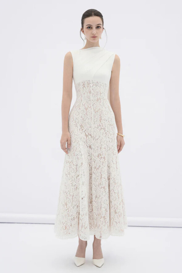 Ularen Sleeveless Flared Lace Maxi Dress In White