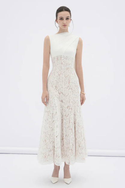 Ularen Sleeveless Flared Lace Maxi Dress In White