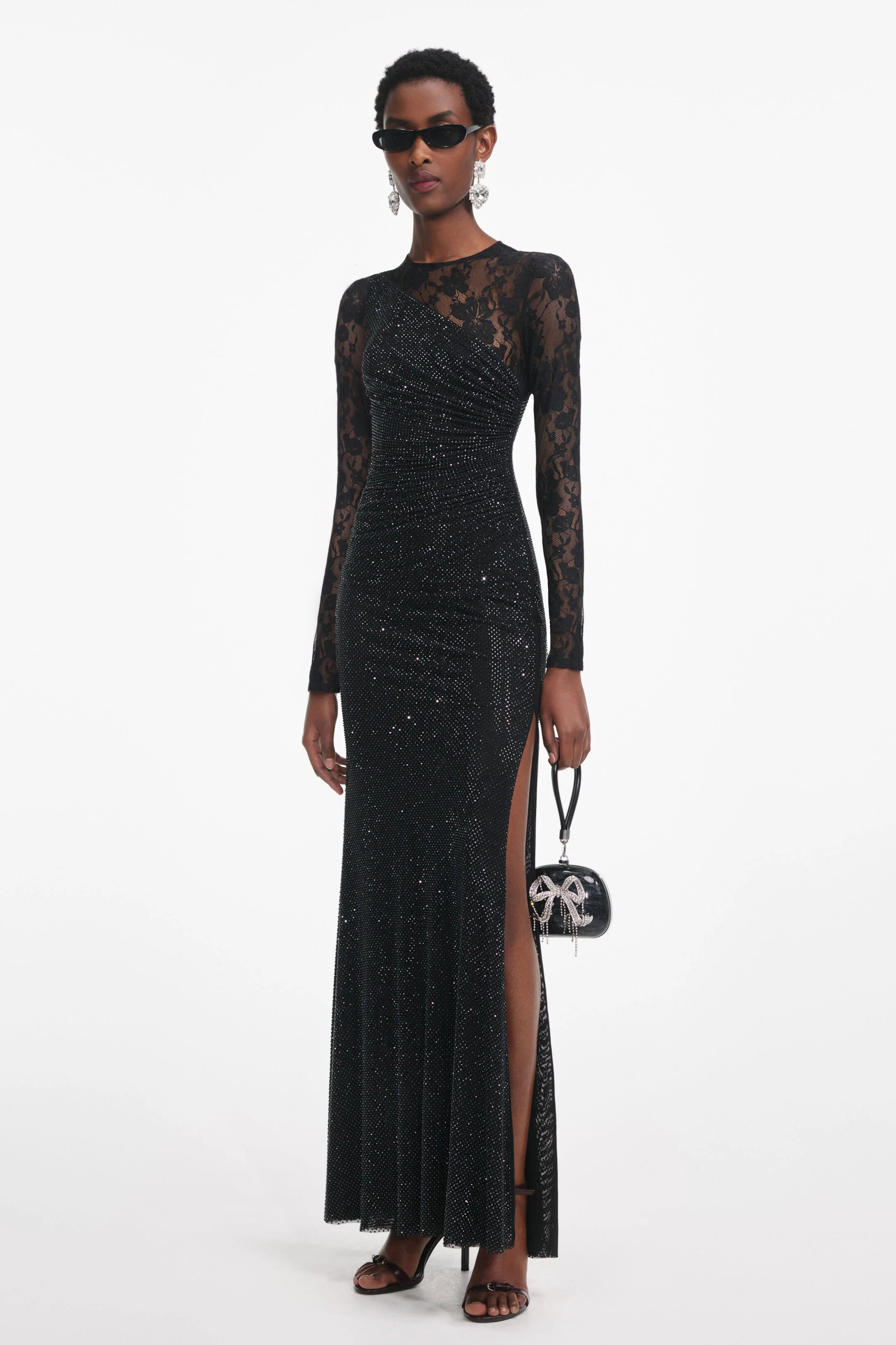 Moriah Rhinestone Lace Sleeve Split Maxi Dress In Black