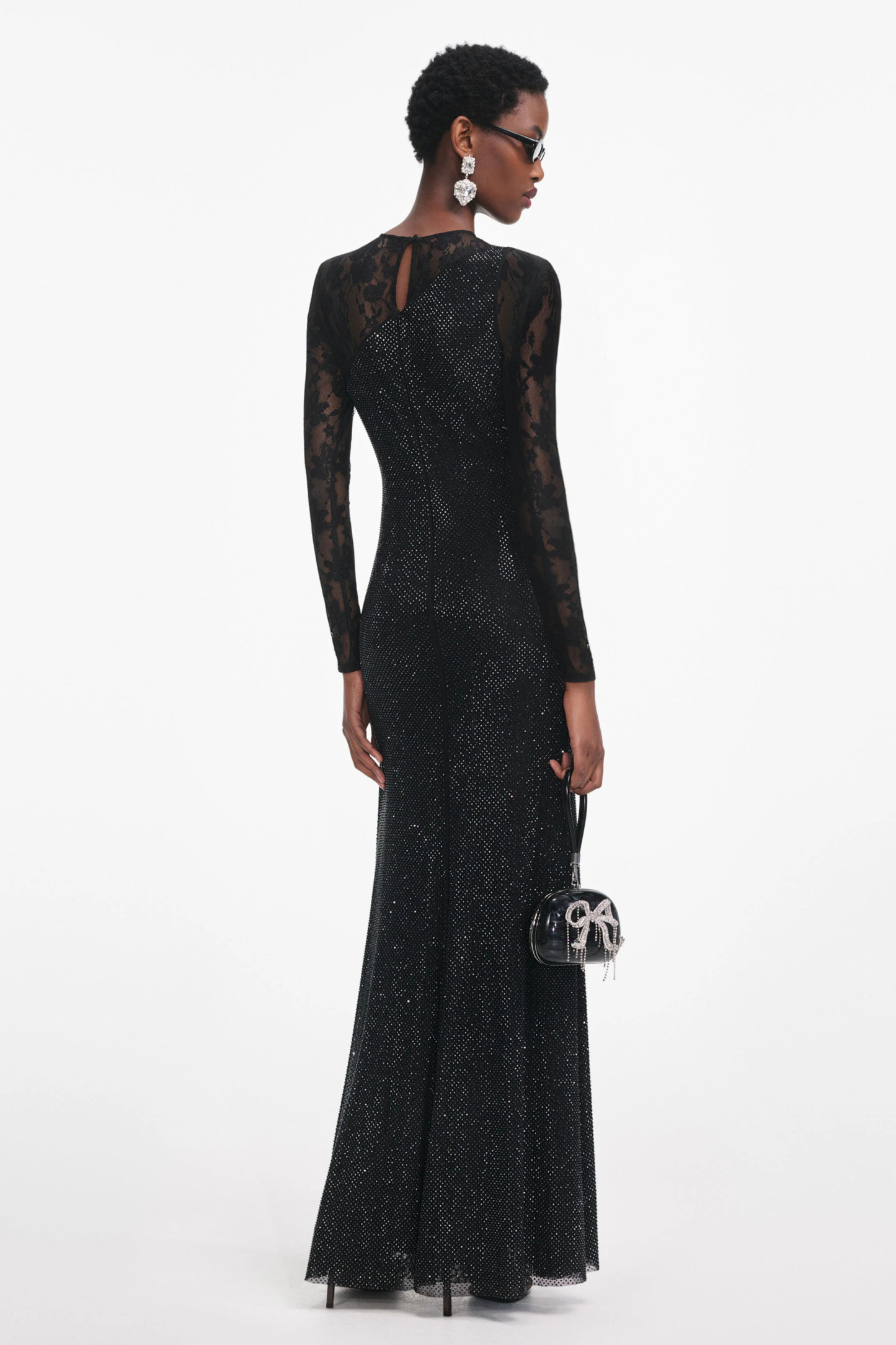 Moriah Rhinestone Lace Sleeve Split Maxi Dress In Black