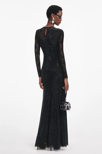 Moriah Rhinestone Lace Sleeve Split Maxi Dress In Black