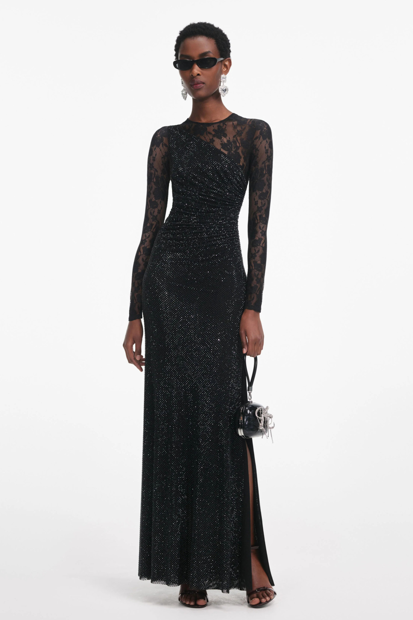 Moriah Rhinestone Lace Sleeve Split Maxi Dress In Black