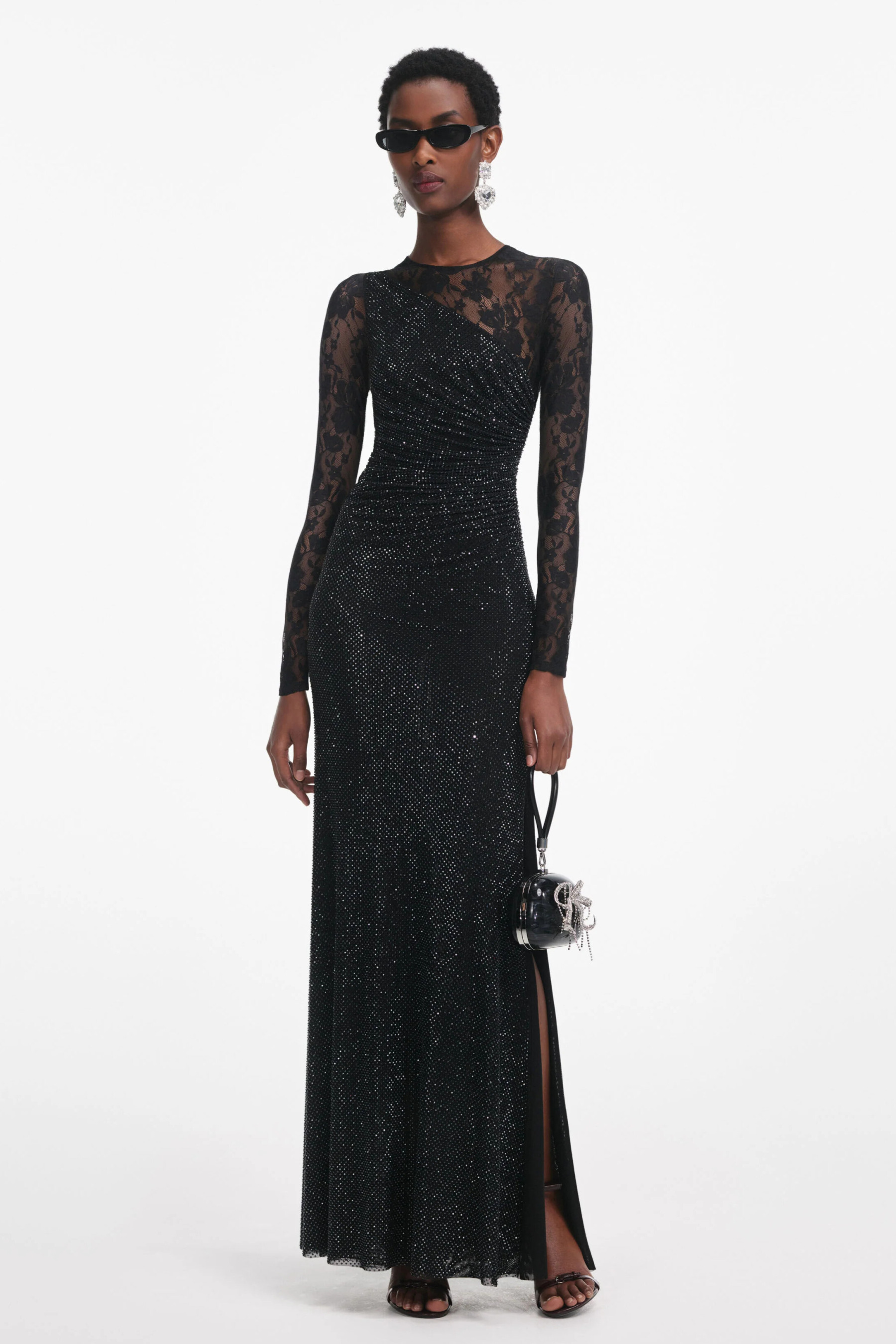 Moriah Rhinestone Lace Sleeve Split Maxi Dress In Black