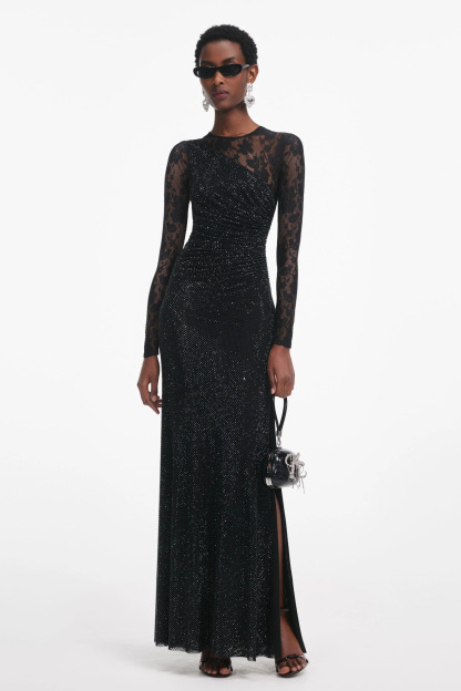 Moriah Rhinestone Lace Sleeve Split Maxi Dress In Black